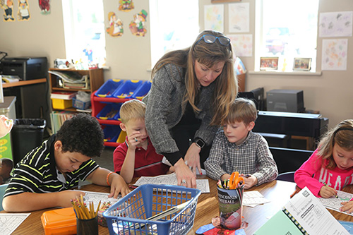 Teacher helping students